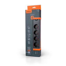 Мережевий подовжувач VIDEX ONCORD з/з 4п 3м (3x1.5мм) 3.4А USB(QC3.0) +USB-C(PD20W) з кнопкою Black