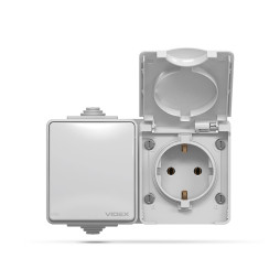 Розетка зовнішня одинарна із заземленням та вимикачем одноклавішним сіра IP65 BINERA (VF-BNW3-G) VIDEX