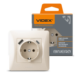 Розетка одинарная с заземлением из USB+USB-C кремовая VIDEX BINERA