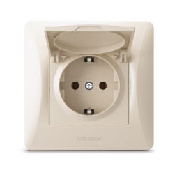 Розетка одинарна із заземленням та кришкою кремова VIDEX BINERA