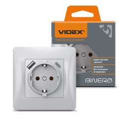 Розетка одинарная с заземлением с USB+USB-C серебряный шелк VIDEX BINERA