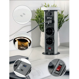 Подовжувач CAMINO 100мм 2 розетки SCHUKO USB A+C QC WC 10W провід 1,5м 220-240V Чорний GTV AE-BPW2sCAM-20