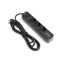 Мережевий подовжувач 3п 3м 1.5мм 2.4А 2USB+USB-C з/з та кнопкою Black ONCORD (PD33G2U1C-B) VIDEX