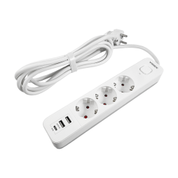 Мережевий подовжувач 3п 3м 1.5мм 2.4А 2USB+USB-C з/з та кнопкою White ONCORD (PD33G2U1C-W) VIDEX