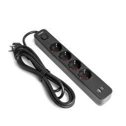 Мережевий подовжувач 4п 3м 1.5мм 3.4А USB(QC) USB-C(PD20W) з/з та кнопкою Black ONCORD VIDEX