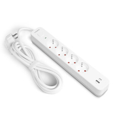 Мережевий подовжувач 4п 3м 1.5мм 3.4А USB(QC) USB-C(PD20W) з/з та кнопкою White ONCORD VIDEX