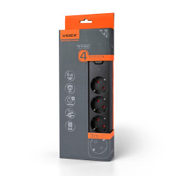 Мережевий подовжувач 4п 3м 1.5мм з/з та кнопкою Black ONCORD (VF-PD43G-B) VIDEX