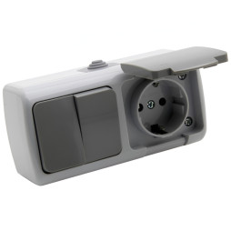 Блок накладний 2-й вимикач + розетка з заземленням + кришка LEMANSO Немо сірий LMR2411