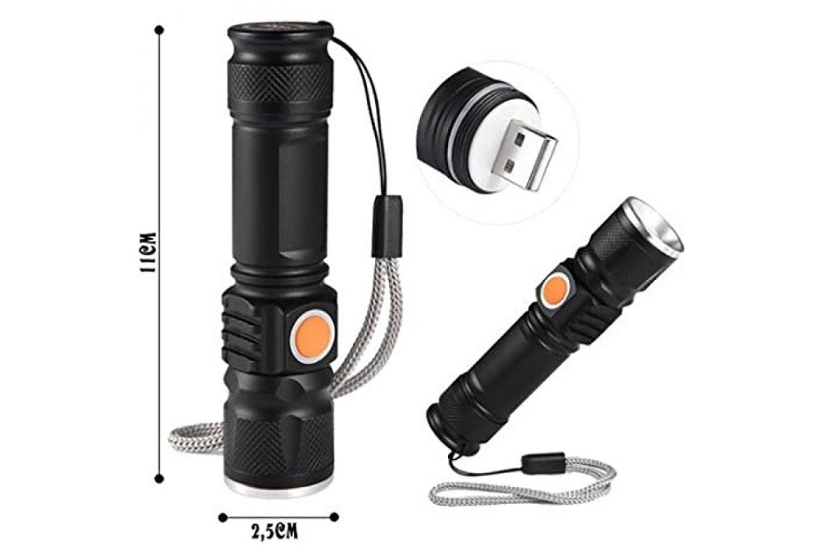 Ліхтарик ручний 515-T6, ЗП USB, вбудований акумулятор, ремінець, zoom POLICE