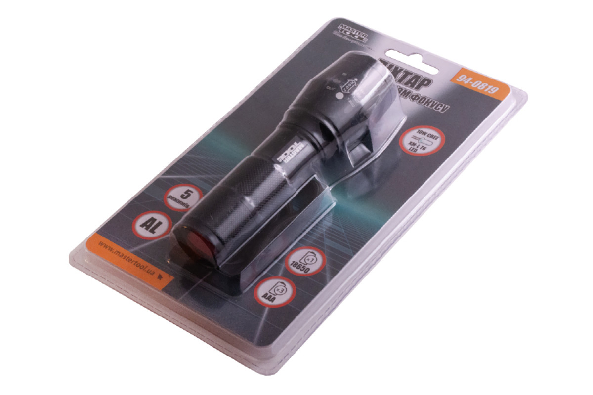 Ліхтарик Master-Tool 94-0819 с регулюванням фокуса, 5 режимів, 130*38*28 мм, CREE XM-L T6 LED, 3xAAA